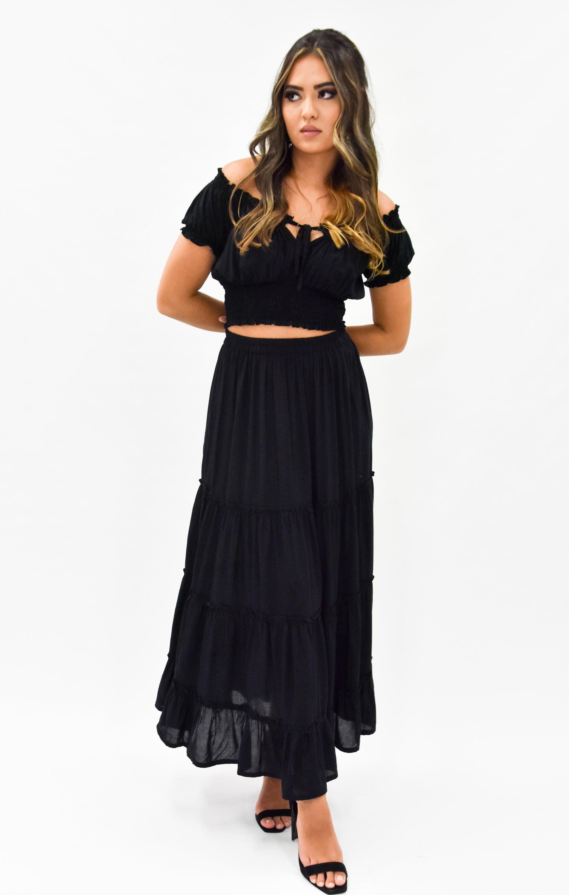 Black off the store shoulder peasant top